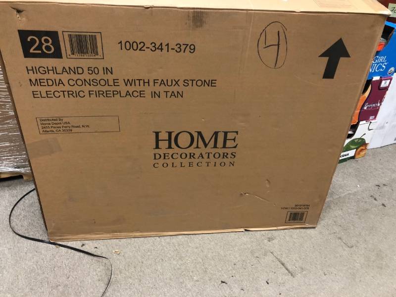 lot 100 image: Home Decorators Collection Highland 50 in. Faux Stone Mantel Electric Fireplace in Tan NOT USED