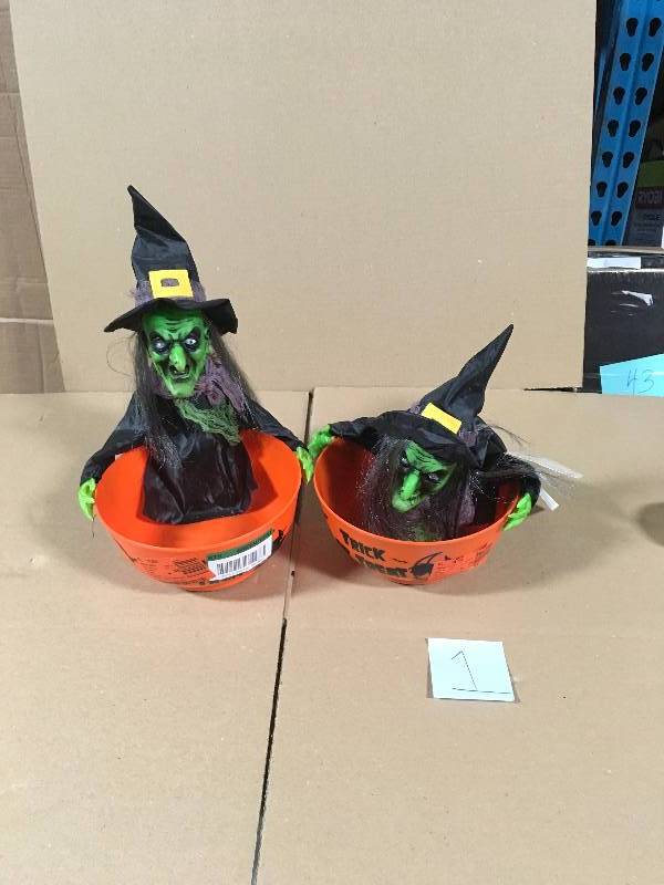 lot 101 image: SET OF 2 Home Accents Holiday 12 in. Witch Candy Bowl with LED Illumination
