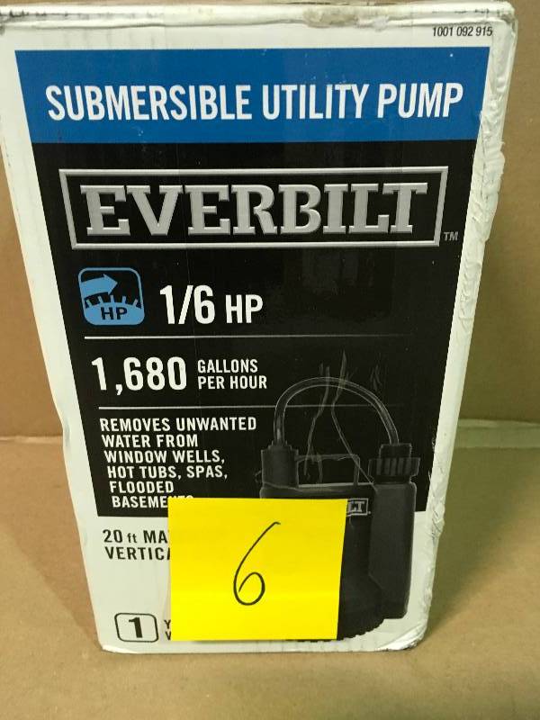lot 6 image: Everbilt 16 HP Plastic Submersible Utility Pump  in good condition