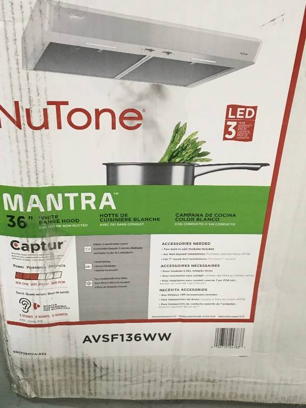 lot 40 image: NuTone AVSF136WW Mantra 36 in. Convertible Range Hood in White in good condition
