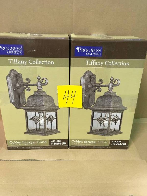 lot 44 image: LOT OF 2 Progress P5994-50 Tiffany 1 Light 14 inch Golden Baroque Outdoor Wall Lantern not used