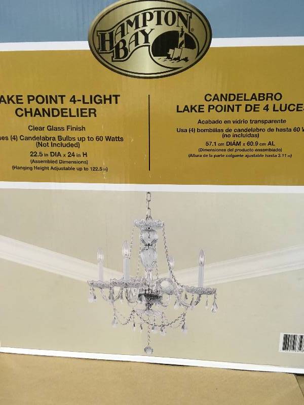 lot 46 image: Hampton Bay Lake Point 4-Light Chrome and Clear Crystal Chandelier new