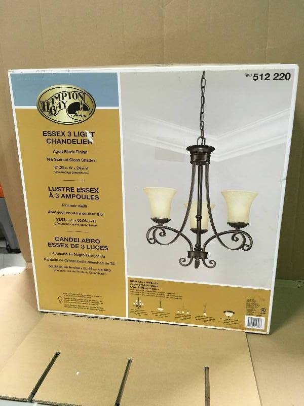 lot 47 image: Hampton Bay 14708 Essex 3-Light Aged Black Chandelier Aged Black New