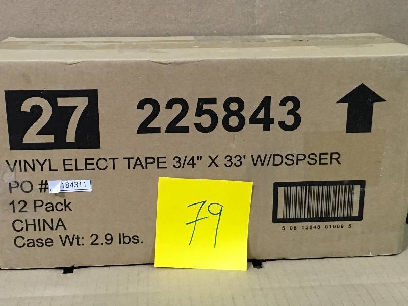 lot 79 image: CASE OF 12 PACK 34 in. x 33 ft. Vinyl Electric Tape with Dispenser new