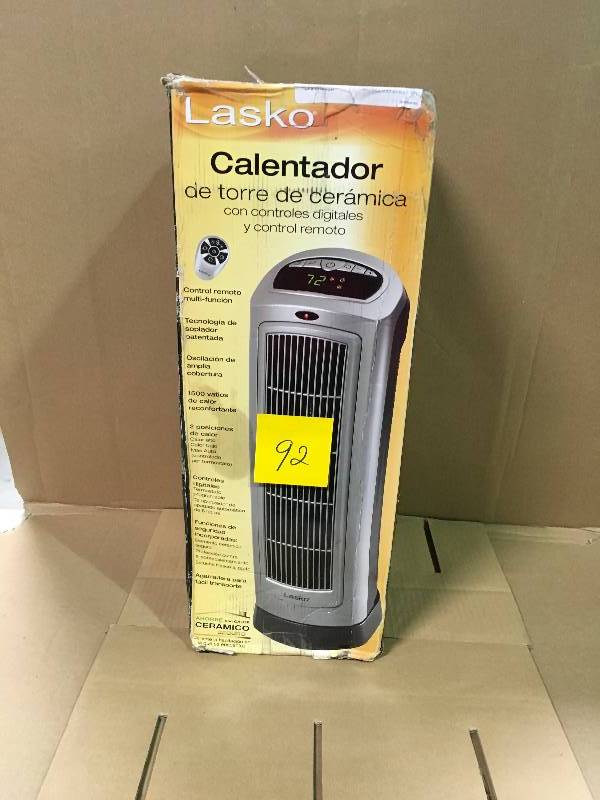 lot 92 image: Lasko 755320 Ceramic Tower Heater with Digital Display and Remote Control, in good condition