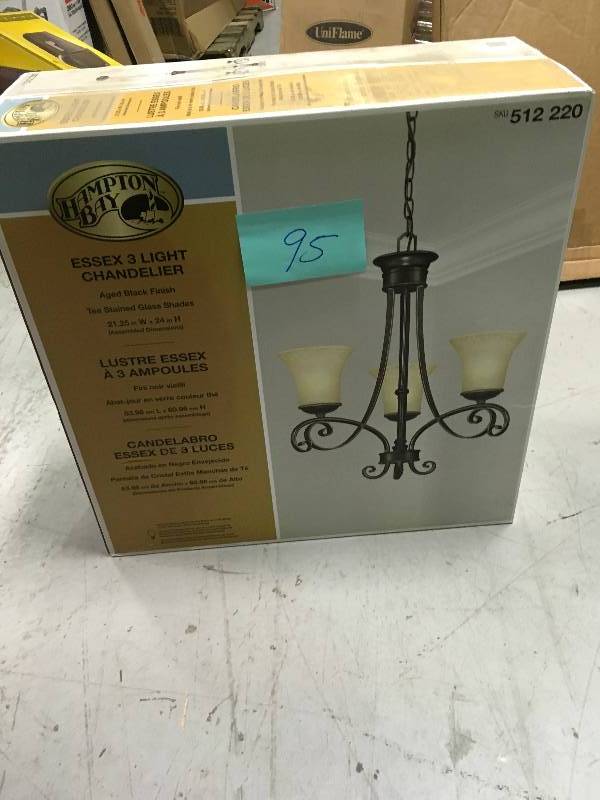 Hampton Bay Essex 3-Light Aged Black Chandelier with Tea Stained Glass Shades