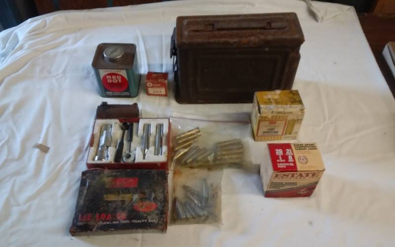 lot 32 image: Ammo Box, Lee Loader, 2-Boxes 20 Ga. Shells, Empty Brass, Smokeless Powder