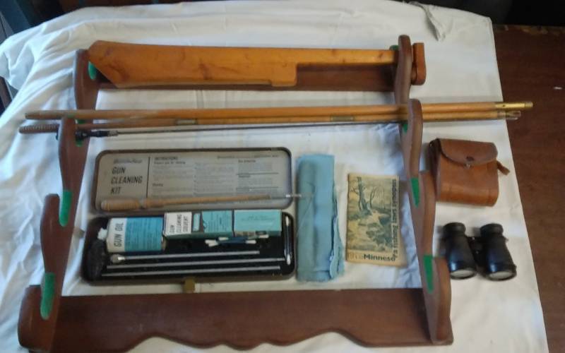 lot 33 image: Wood Gun Rack 26x24, Gun Cleaning Kit, Vintage Binoculars With Case