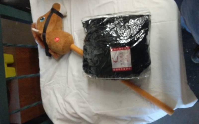 lot 49 image: Stick Pony With Galloping Sound Feature & NEW Black Minky Blanket ($50)