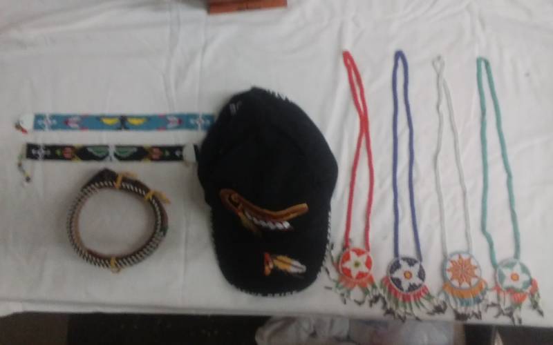 lot 51 image: Beaded Necklaces, Beaded Arm Bands, Beaded Belt, Native Pride Caps