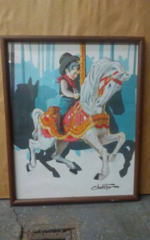 lot 60 image: Framed Carousel Cowboy Print By Oberstein (Famous Clown Artist) 17x21