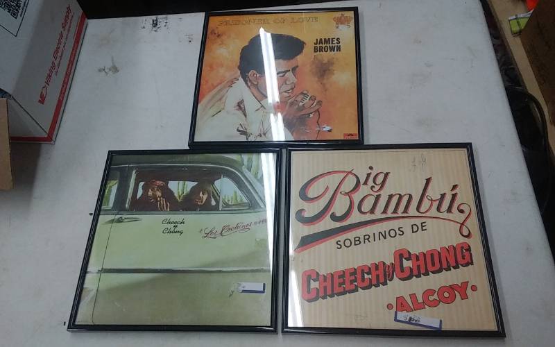 lot 74 image: 2-Framed Cheech & Chong Albums, 1-Framed James Brown Album