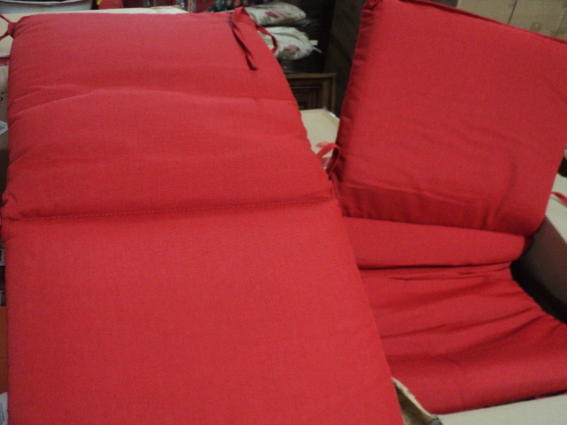 lot 222 image: pair of red chair cushions...