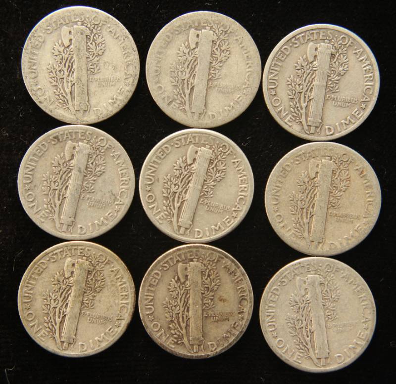 9 US MERCURY SILVER DIMES