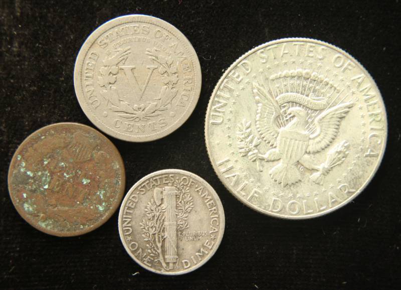 4 COINS 1879 1C, 1912 5C, 1 MERCURY DIME & 1 KENNEDY 40% SILVER HALF