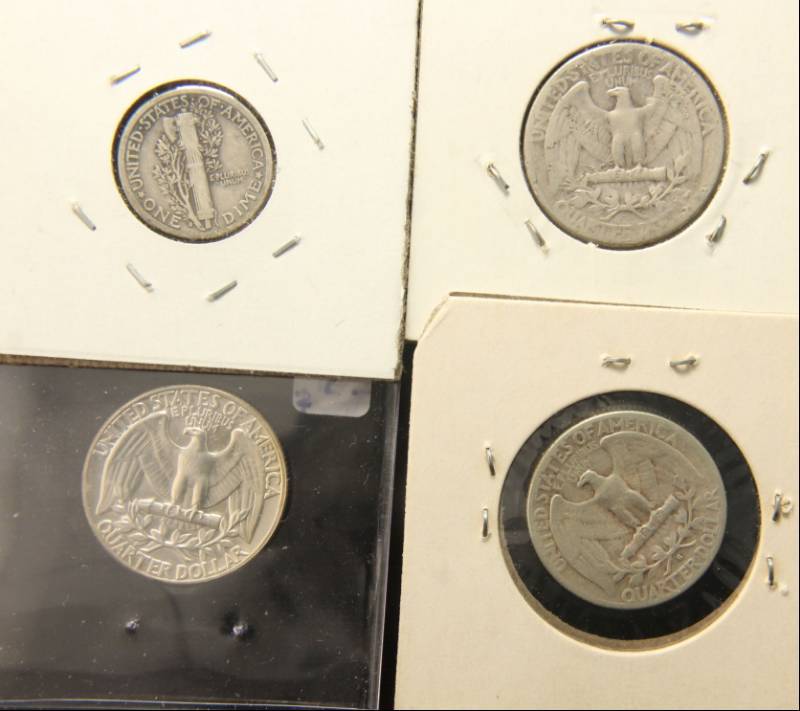 4 COINS 1916-S MERCURY DIME & 3 SILVER QUARTERS 1946, 1951-S, 1955