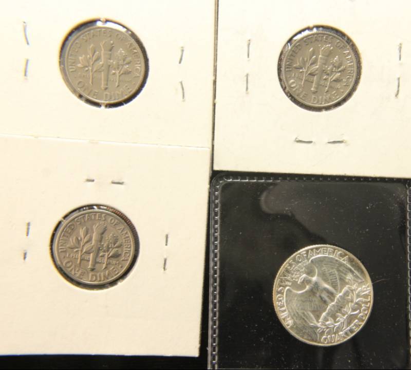 4 COINS 3 PROOF DIMES 1968S, 1979S 1980S & 1955 PROOF 25C