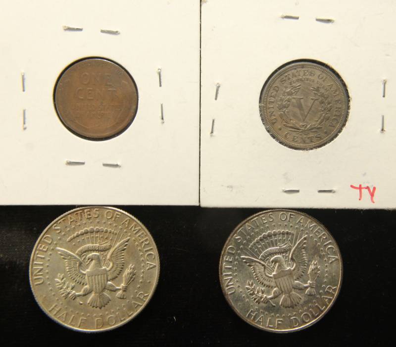4 COINS 1912 1C, 1912 5C, 2X KENNEDY 40% SILVER HALVES