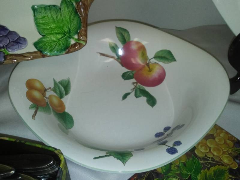 lot 61 image: Fruit themed platter, Bowl, silverware, iron, soup tureen.