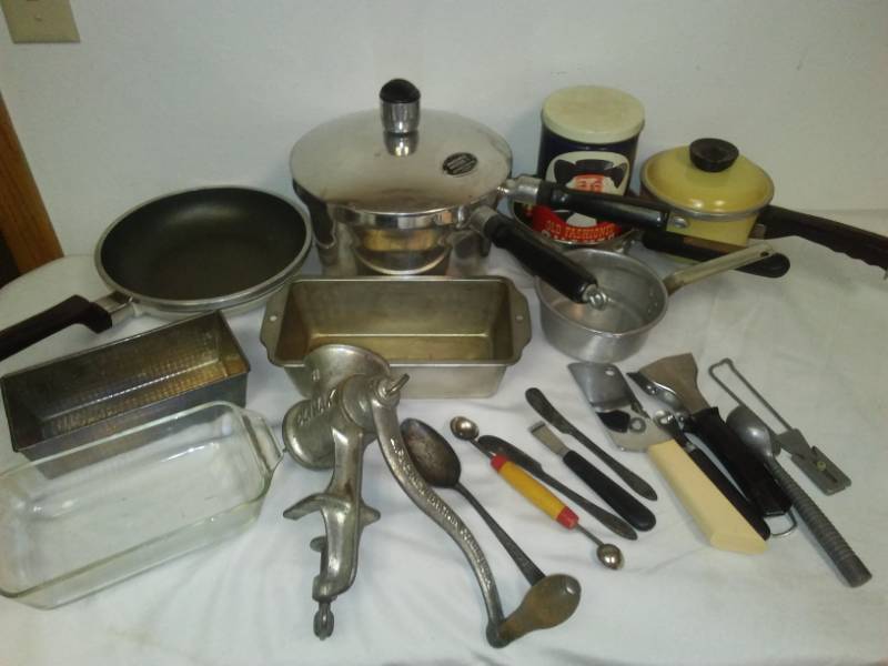 lot 80 image: Vintage cookware, pressure cooker, utensils.