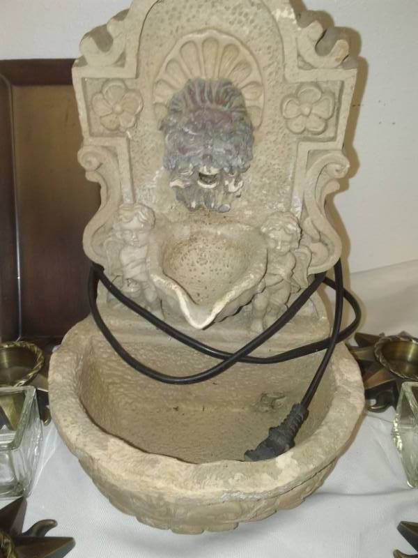 lot 82 image: Indoor  outdoor resin water fountain tabletop and tea light holders metal and glass.