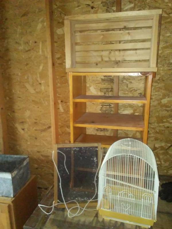 lot 114 image: Pine shelving unit, Birdcage, Seining Box Pine crate.