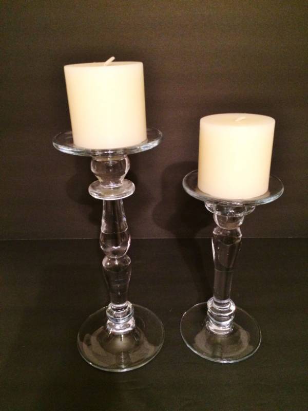 lot 12 image: Tall Pair Glass Pedestal Pillar Candleholders With Candles Included - Excellent Condition