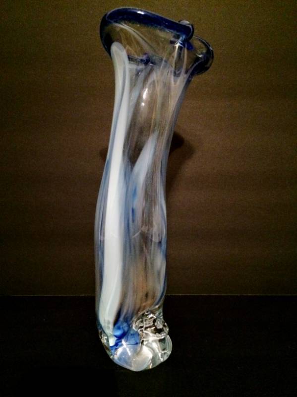 lot 18 image: 20009 Artist Signed Tall Blue Swirl Heavy Art Glass Vase - Please see description for information on this vases condition