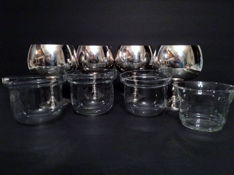 lot 20 image: 4 Piece Portugal Silverplated Wine Holders with Schott Mainz JENA-er Glass Inserts Made in Germany 1970s - Perhaps put ice under to keep Vodka Cold - Excellent Condition
