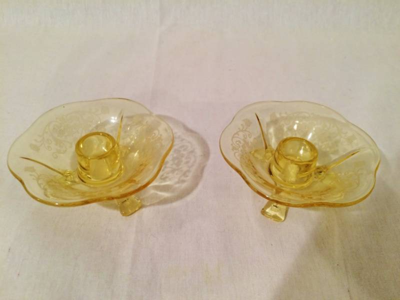 lot 34 image: Lovely Pair Fostoria June Yellow Etched Glass Depression Era - Excellent Condition