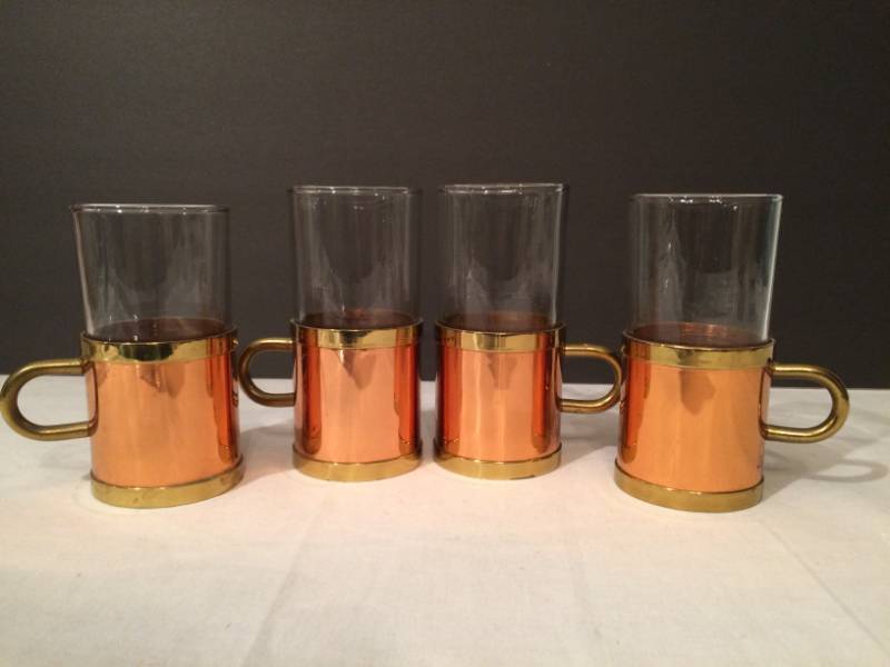 lot 36 image: 1950s Copper Brass Handled Glass Turkish Tea or Irish Coffee Mugs - Cork Lined - Great Condition For Age  Glass Inserts are tough to move