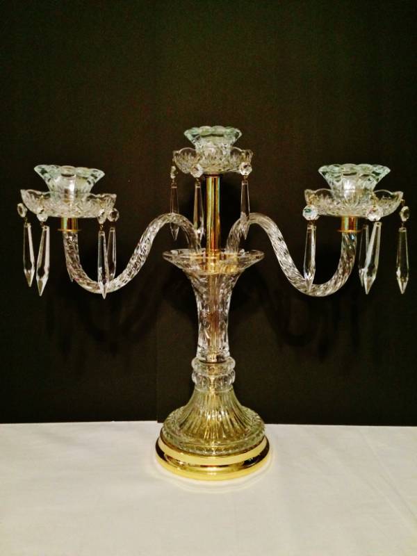 lot 39 image: WOW Stunning & Elegant Crystal Clear Brass Glass Candelabra With Crystal Prisms - Impressive Holiday Centerpiece  Excellent Condition though does have candle wax residue