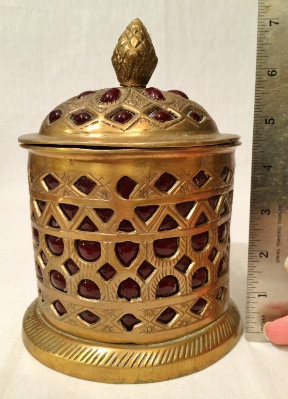 lot 58 image: Unusual Turkish Brass & Ruby Red Formed Glass Tea Bag Or Tobacco Holder Humidor  - Excellent Vintage Condition