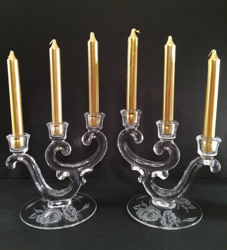 lot 35 image: Gorgeous 3 Light Tricorn Candleholders Etched Rose Base Swirled Candelabras - Liberace would be Jealous  Could be Heisey - Cambridge - Fostoria - Very Rare 