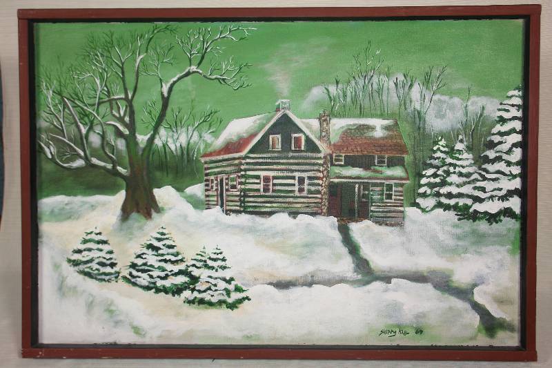 lot 9 image: Winter Cabin Painting