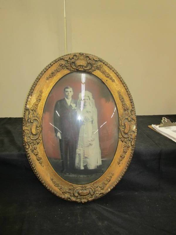 lot 28 image: Antique Curved Glass Picture Frame, Some Damage