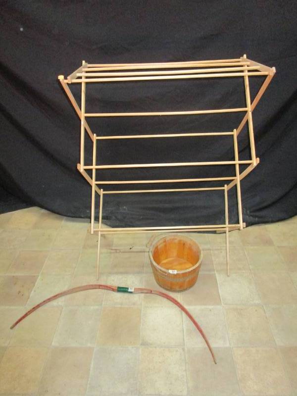 lot 34 image: Wooden Clothes Rack,Wooden Bucket,Vintage Wooden Bow