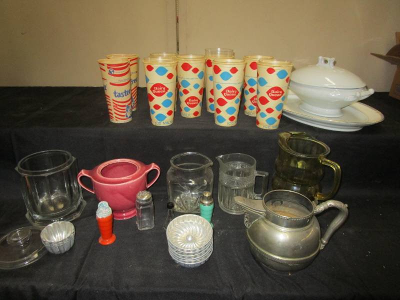 lot 36 image: Dairy Queen Tastey Freeze Glasses, Antique Collectibles Pitcher, Tureen, Salt and Pepper Shakers