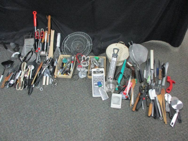 lot 87 image: Tons of utinsils, knives, strainers, cookie cutters and more
