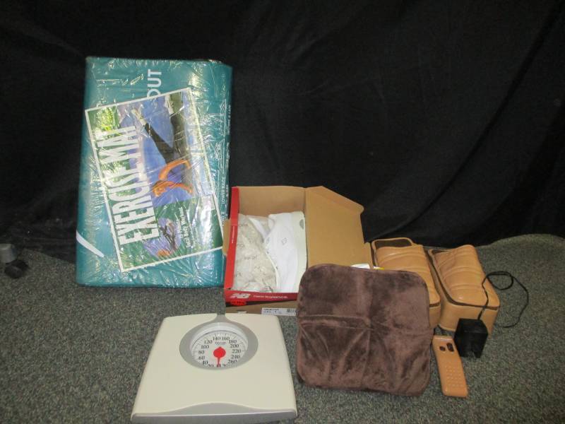 lot 95 image: New Balance shoes sz 9 12, yoga matt, massagers, scale