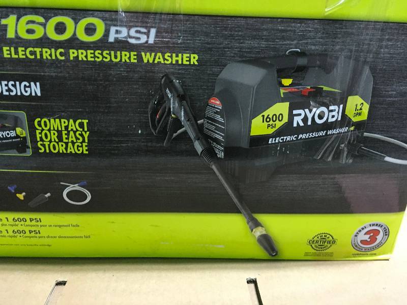 lot 8 image: Ryobi RY141612 1,600-PSI 1.2-GPM Electric Pressure Washer  In good condition.
