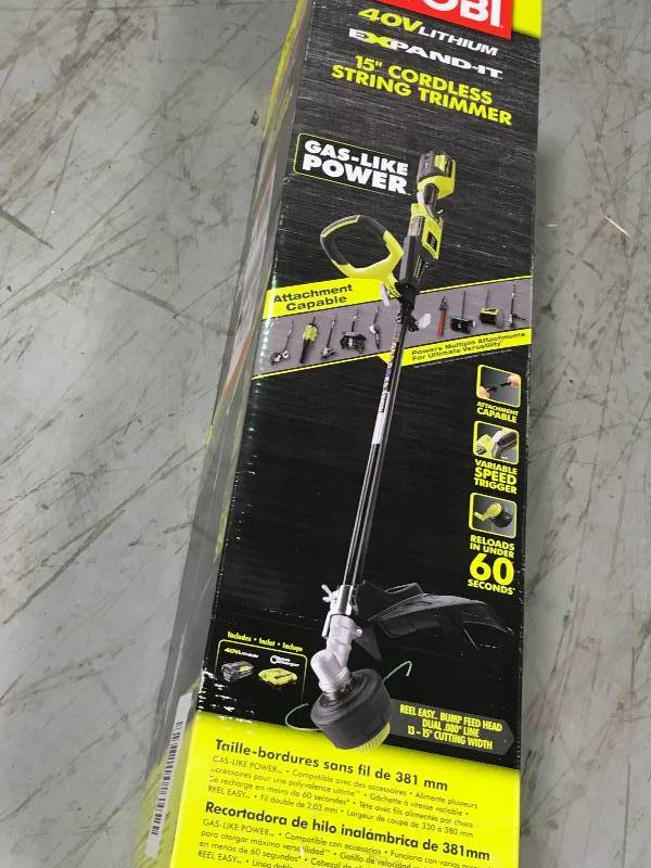 lot 13 image: Ryobi RY40220 40-Volt Lithium-Ion Cordless String Trimmer In good condition.