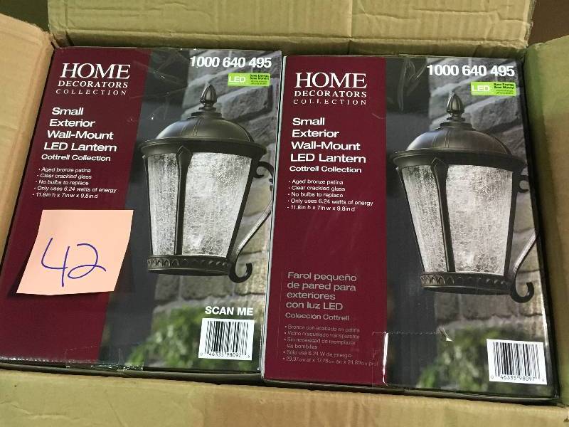 lot 42 image: Home Decorators Collection Aged Bronze Patina Outdoor LED Wall Lantern  LOT OF 2