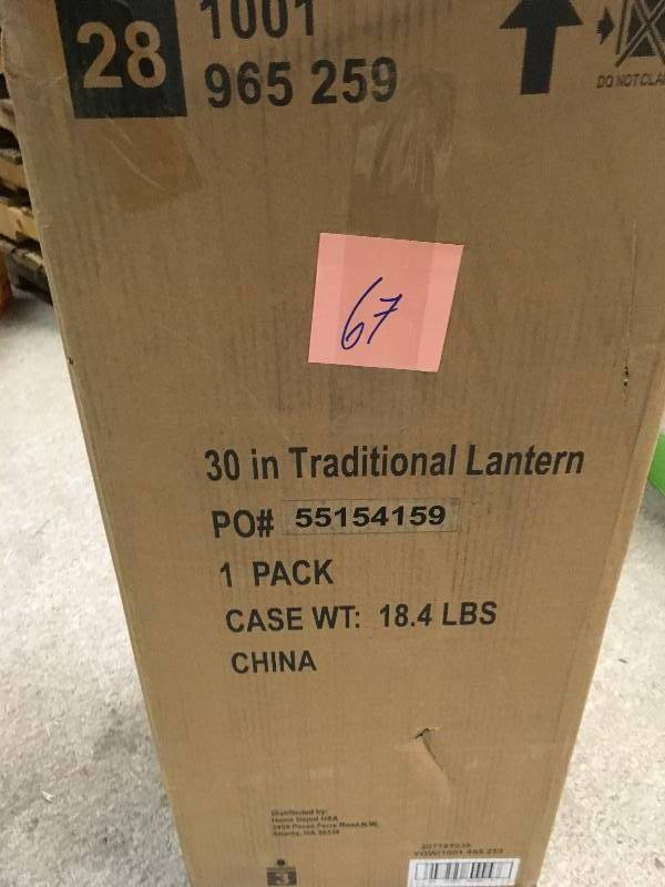 lot 67 image: Hampton Bay 30 in. Metal Lantern in Black