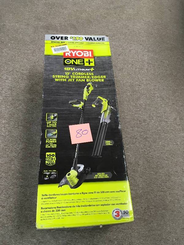 lot 80 image: Ryobi   ONE 18-Volt Lithium-Ion Cordless String TrimmerEdger and Jet Fan Blower Combo Kit - 4.0 Ah BatteryCharger Included  In good condition.