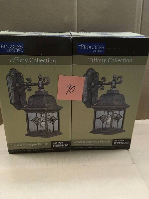 lot 90 image: LOT OF TWO Progress Lighting Tiffany 1-light Golden Baroque Outdoor Wall Lantern P5994-50