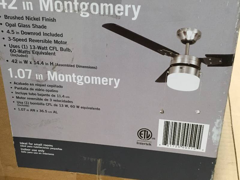lot 101 image: Montgomery 42 in. Indoor Brushed Nickel Ceiling Fan with Light Kit