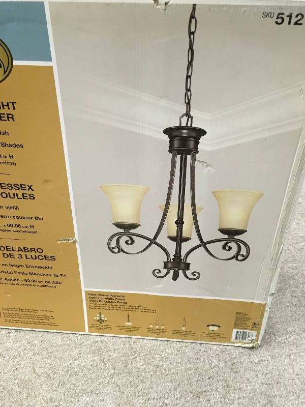 lot 107 image: Essex 3-Light Aged Black Chandelier with Tea Stained Glass Shades