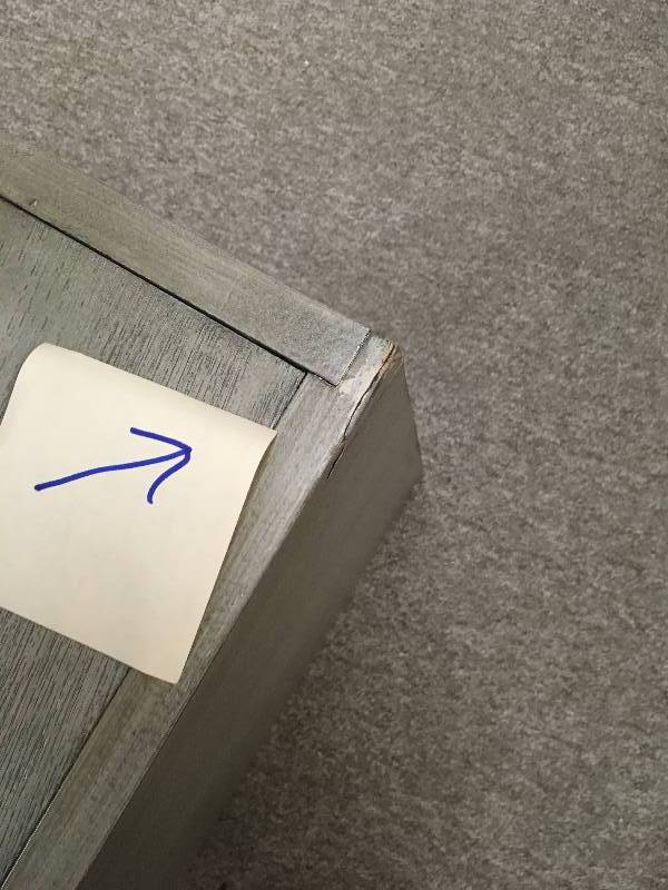 lot 112 image: Mid Century Restoration Gray Console Table  SEE PICS DETAILS TINY DAMAGE