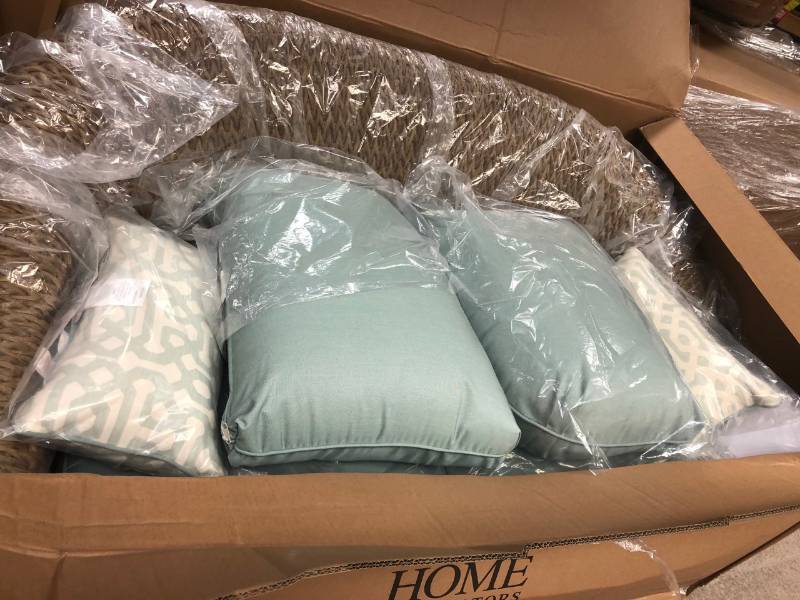 lot 36 image: Home Decorators Collection Camden Light Brown Wicker Outdoor Loveseat with Sunbrella Canvas Spa Cushions not used